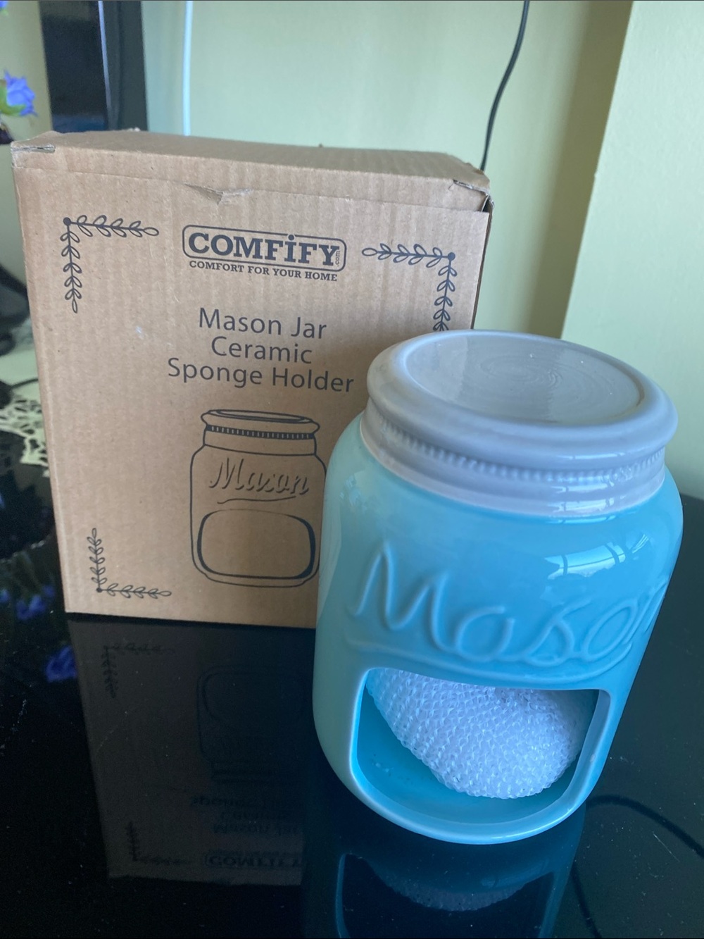 Mason Turquoise Ceramic Mason Jar Sponge Holder with White Lid